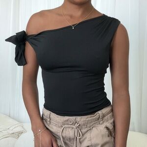 Side tie off the shoulder black top